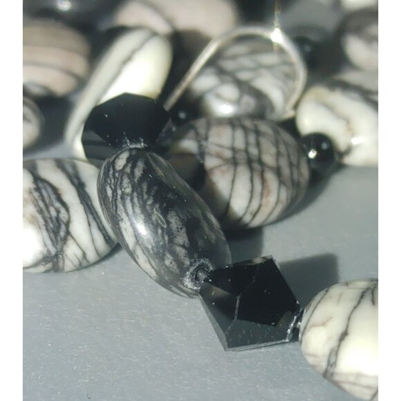 Spider Web Jasper Tourmaline Jewelry Set Black White Beaded Necklace Bracelet an - Picture 4 of 13